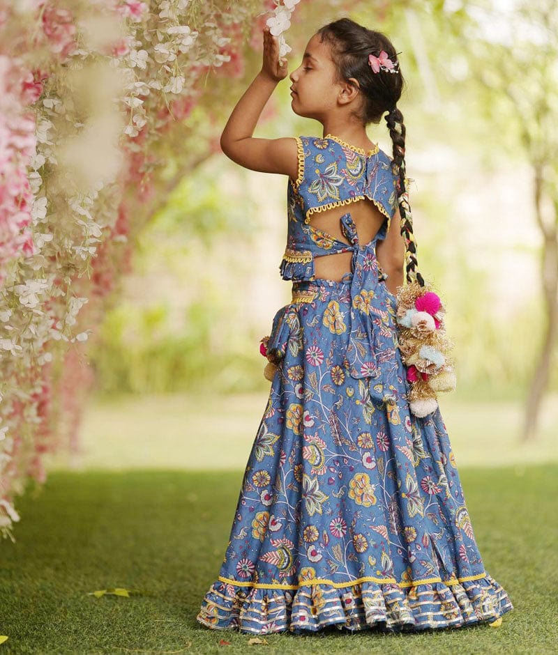 Fayon Kids Blue Print Lehenga Choli for Girls