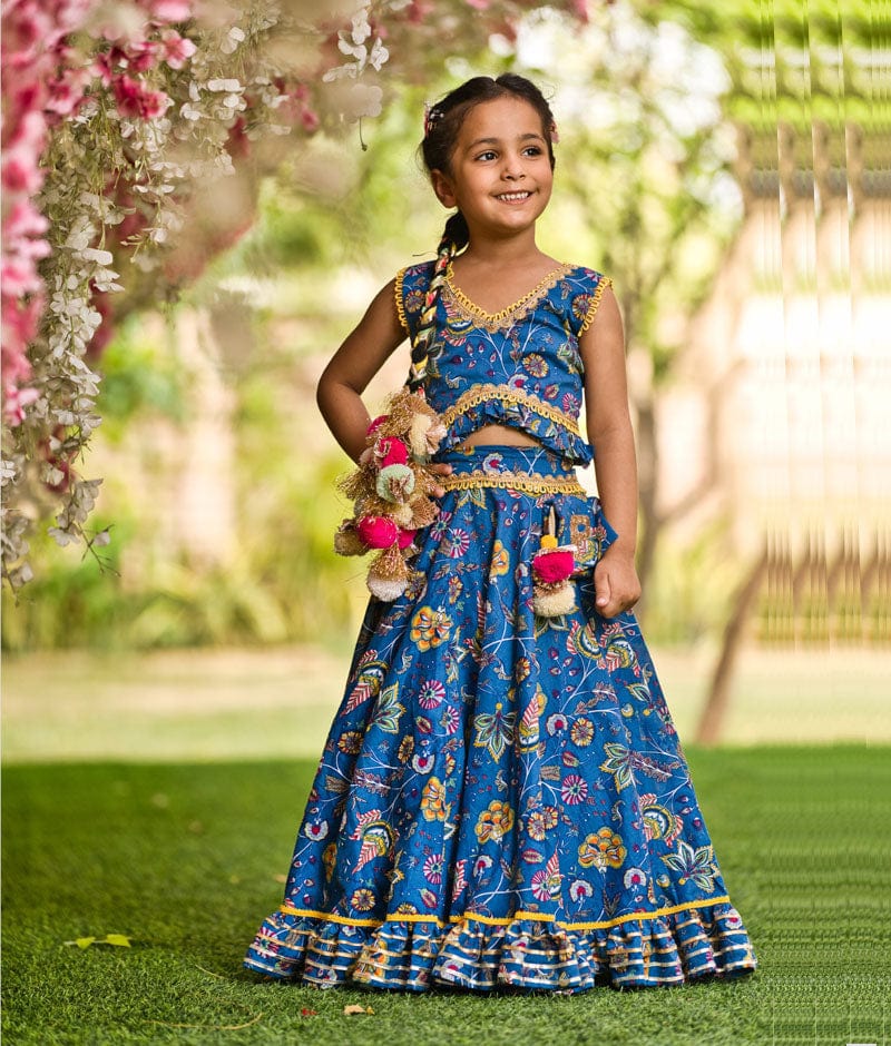 Fayon Kids Blue Print Lehenga Choli for Girls