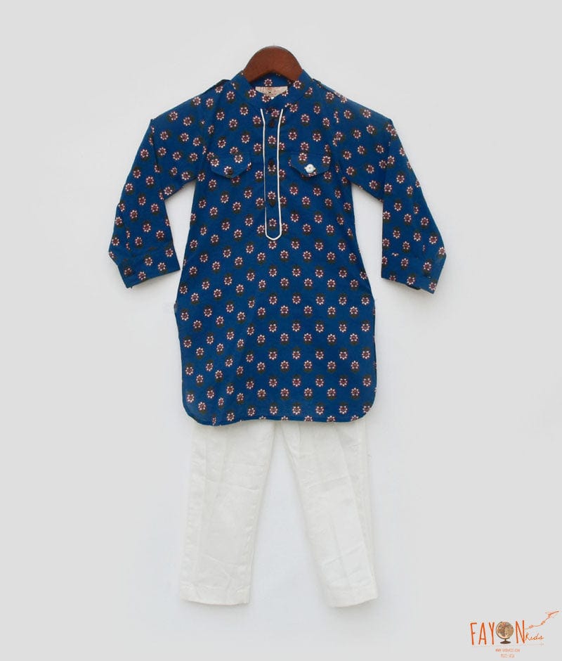 Fayon Kids Blue Printed Kurta and Off White Pant for Boys