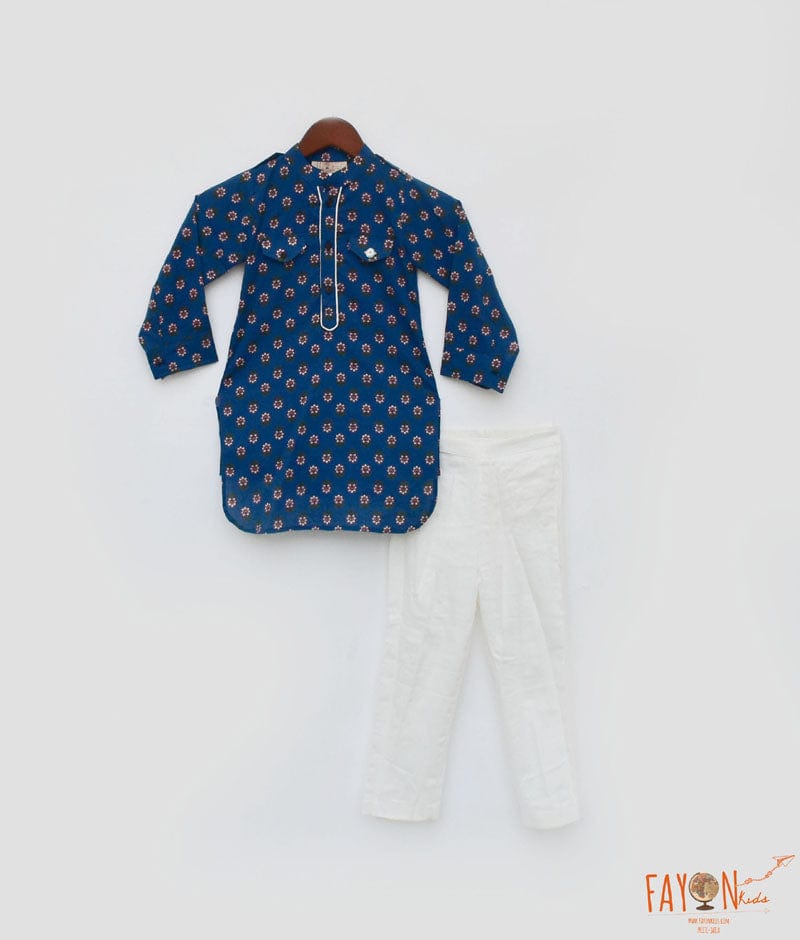 Fayon Kids Blue Printed Kurta and Off White Pant for Boys