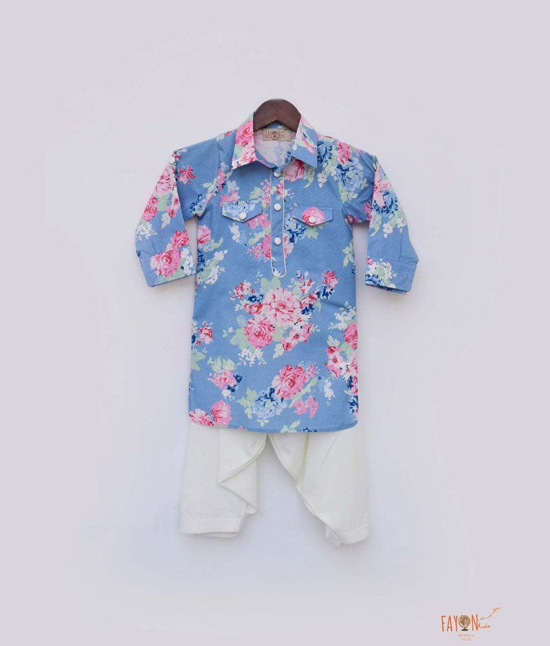 Blue Printed Kurta with Off White Salwar for Boys