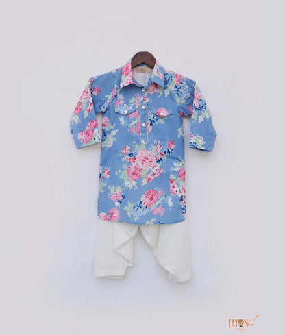 Blue Printed Kurta with Off White Salwar for Boys