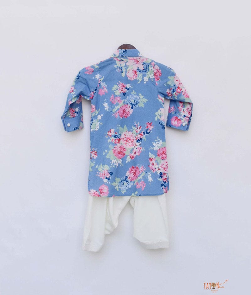 Blue Printed Kurta with Off White Salwar for Boys