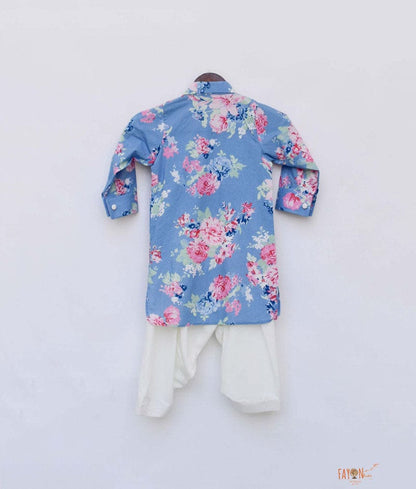 Blue Printed Kurta with Off White Salwar for Boys