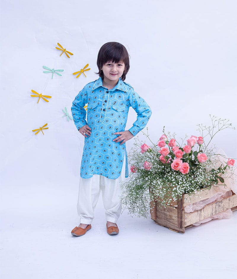 Blue Printed Kurta with Salwar for Boys
