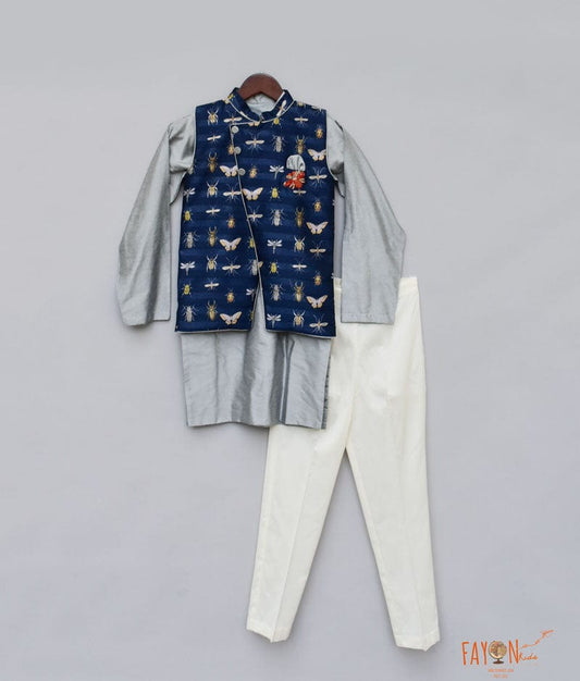 Blue Printed Nehru Jacket with Grey Kurta Pant for Boys