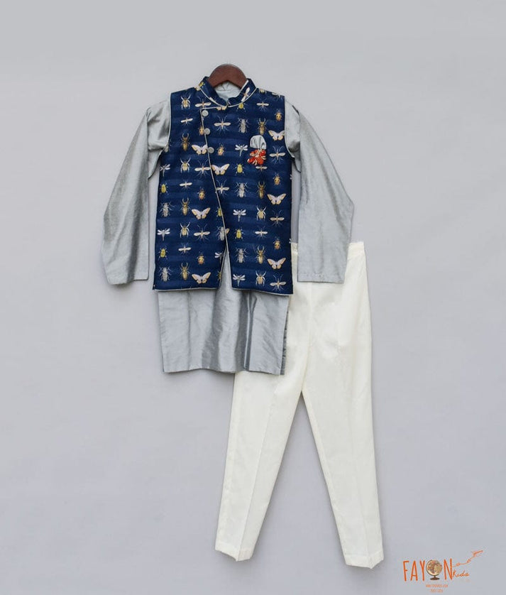 Blue Printed Nehru Jacket with Grey Kurta Pant for Boys