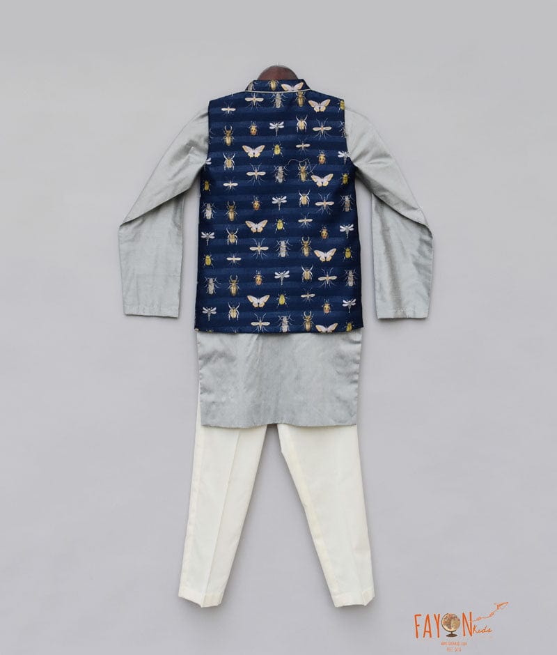 Blue Printed Nehru Jacket with Grey Kurta Pant for Boys