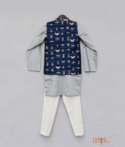 Blue Printed Nehru Jacket with Grey Kurta Pant for Boys