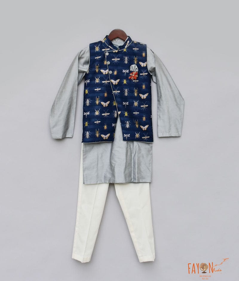 Blue Printed Nehru Jacket with Grey Kurta Pant for Boys