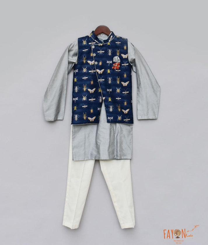 Blue Printed Nehru Jacket with Grey Kurta Pant for Boys