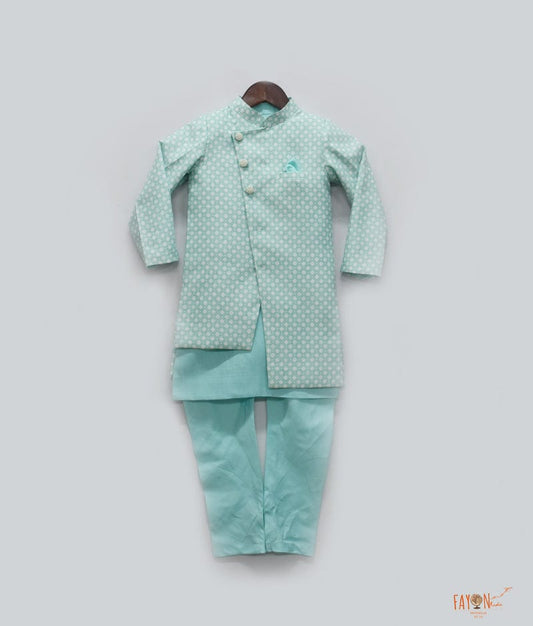 Blue Printed Nehru Jacket with Kurta Pant for Boys