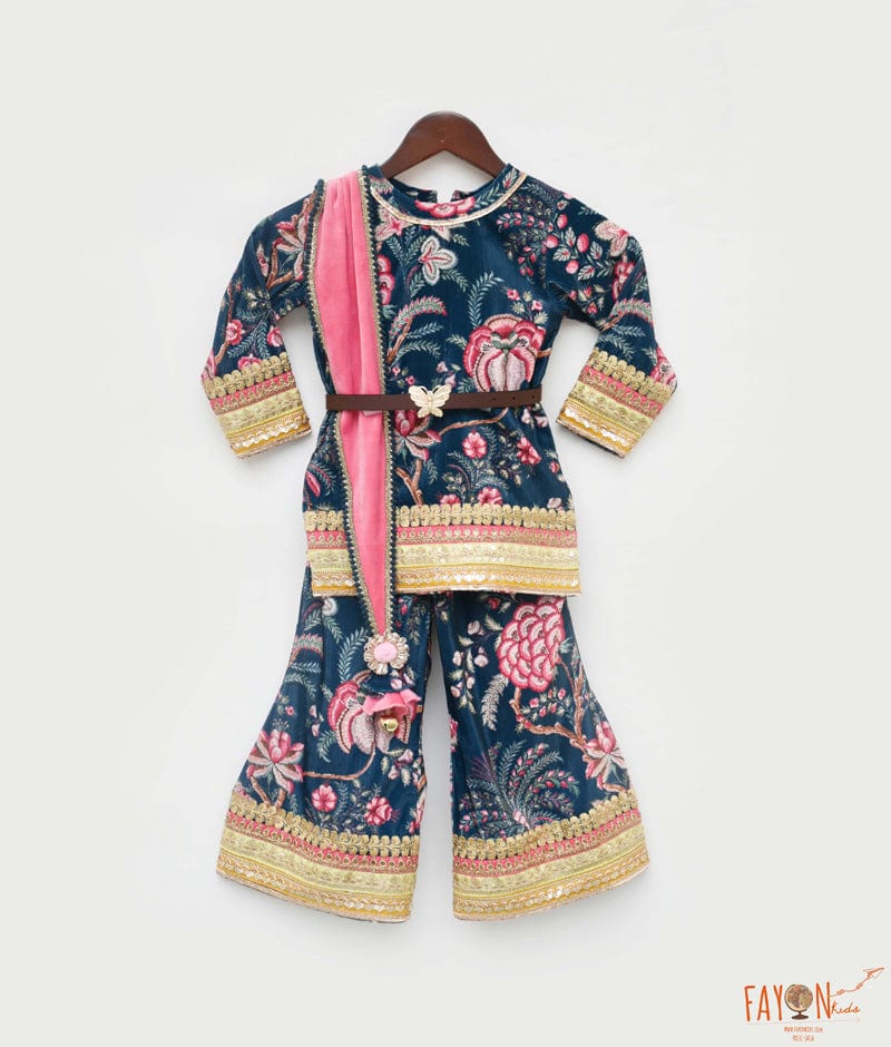 Blue Printed Velvet Sharara with Kurti Pink Velvet Dupatta for Girls
