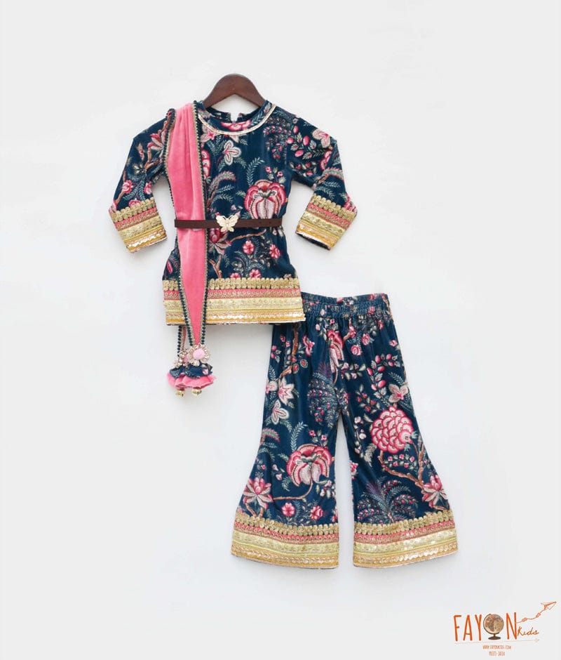 Blue Printed Velvet Sharara with Kurti Pink Velvet Dupatta for Girls
