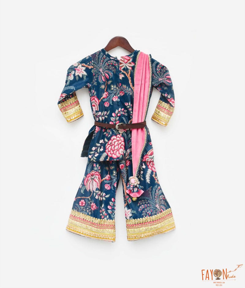 Fayon Kids Blue Printed Velvet Sharara with Kurti Pink Velvet Dupatta for Girls