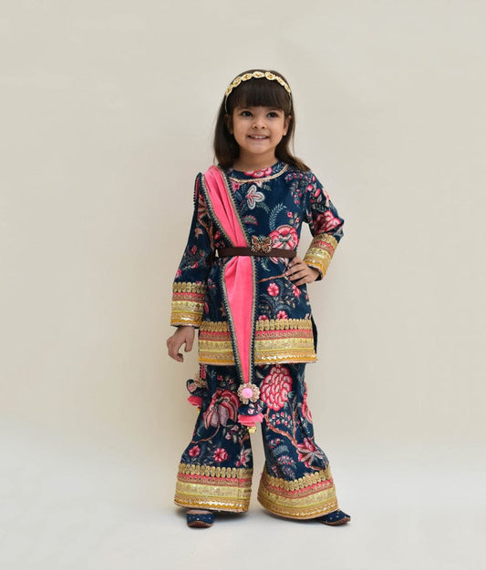 Fayon Kids Blue Printed Velvet Sharara with Kurti Pink Velvet Dupatta for Girls