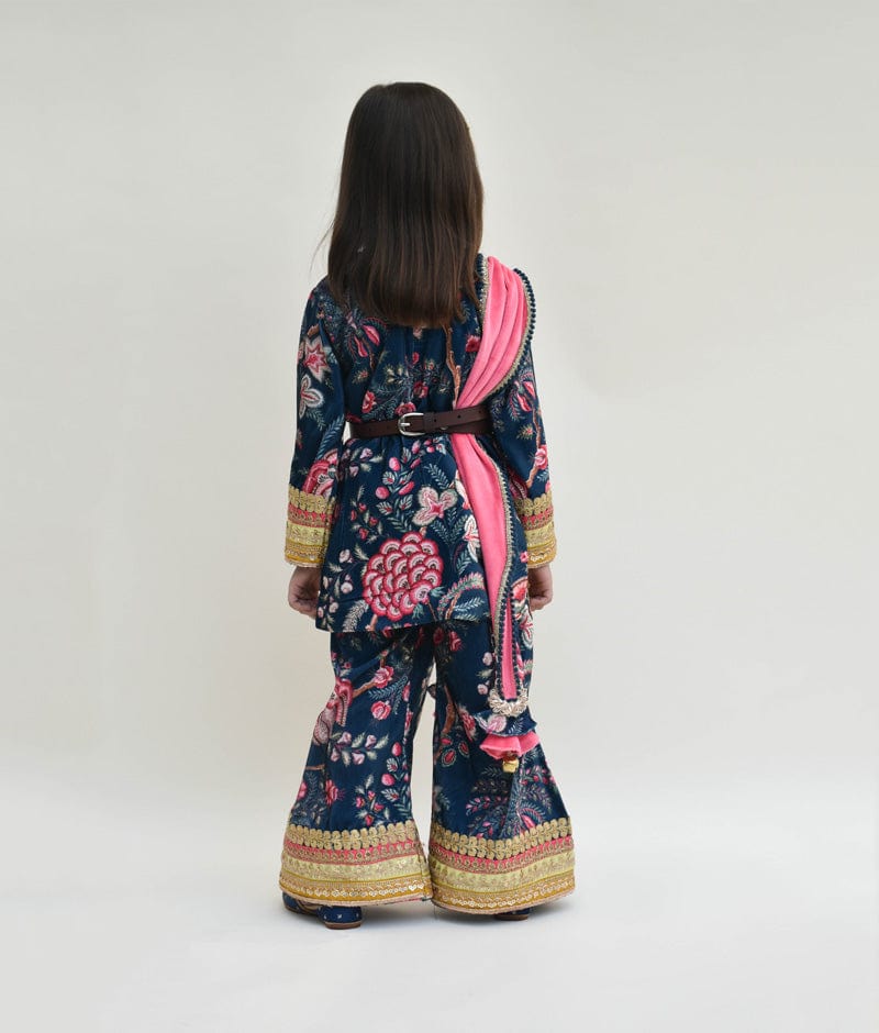 Blue Printed Velvet Sharara with Kurti Pink Velvet Dupatta for Girls