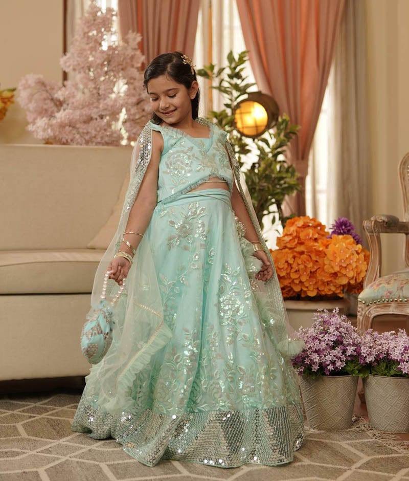 Fayon Kids Blue Sequins Embroidery Lehenga Choli and Dupatta for Girls
