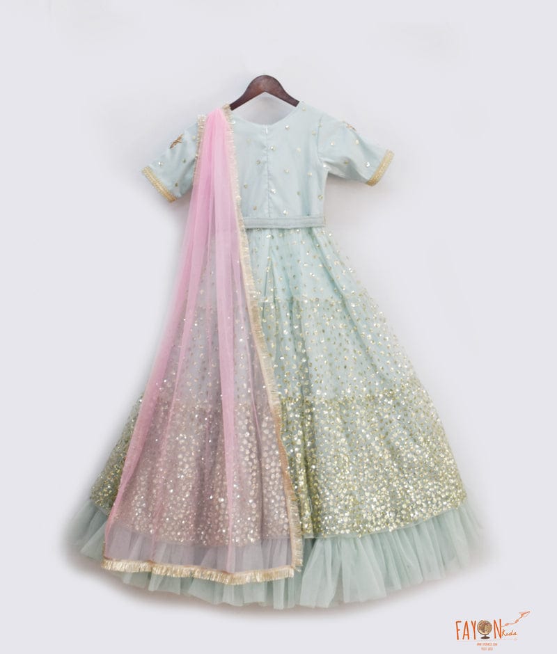 Blue Sequins Net Anarkali with Net Dupatta for Girls