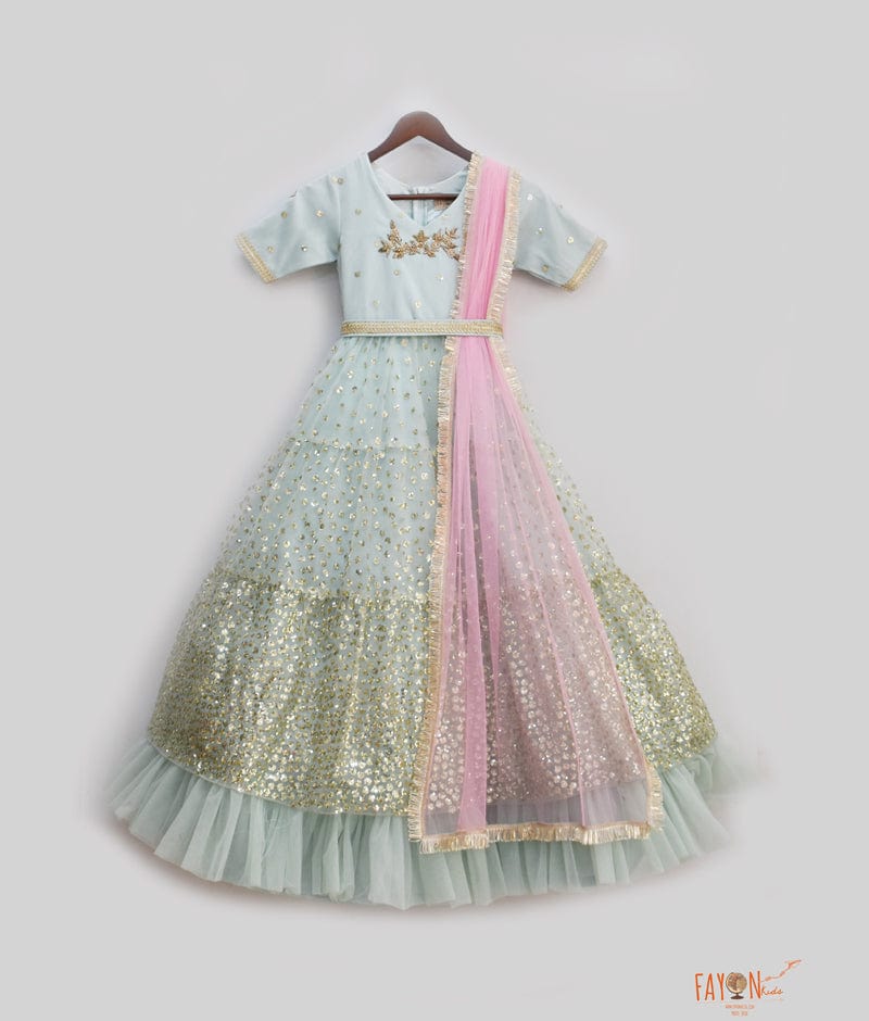 Blue Sequins Net Anarkali with Net Dupatta for Girls