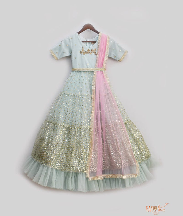 Blue Sequins Net Anarkali with Net Dupatta for Girls