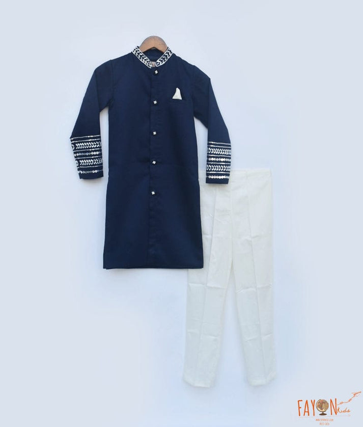 Blue Silk Achkan and Off white Pant for Boys