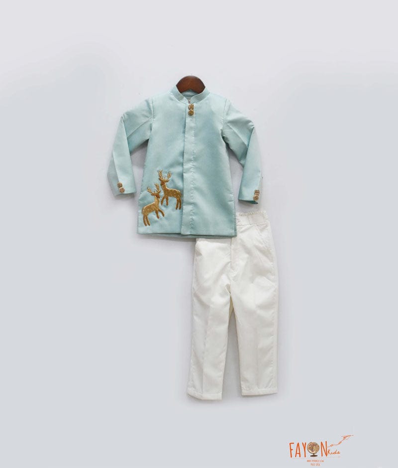 Fayon Kids Blue Silk Bandgala with Off White Pant for Boys