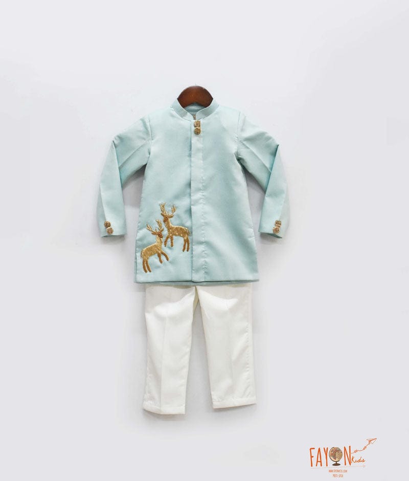 Fayon Kids Blue Silk Bandgala with Off White Pant for Boys