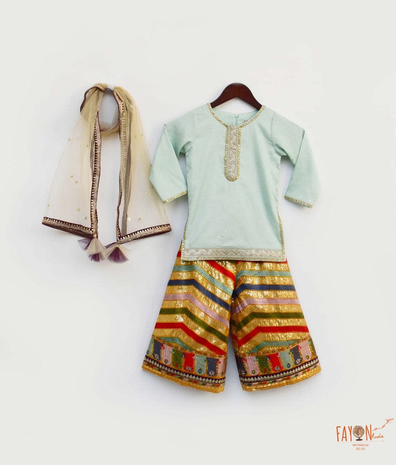 Blue Silk Embroidery Sharara with Kurti Boti Net Dupatta for Girls