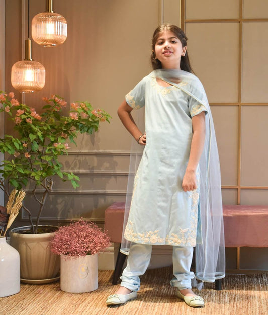 Fayon Kids Blue Silk Kurti Chudidar and Dupatta for Girls