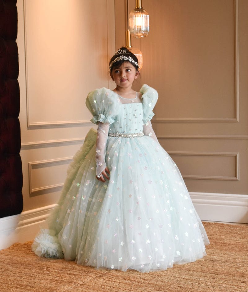 Girl Kids Party Wear Gown Dress with Bell Sleeves