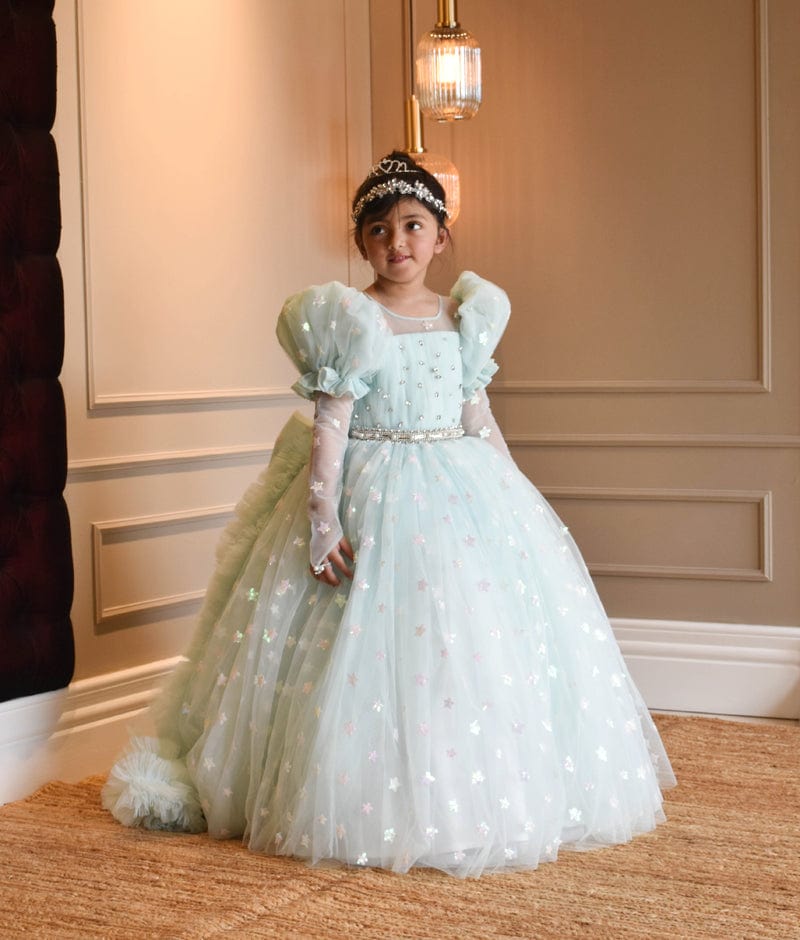 Blue Star Net Gown for Girls - Main Image
