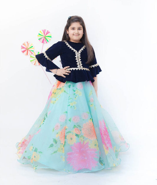 Fayon Kids Blue Velvet Acqua Organza Printed Lehenga with Choli for Girls