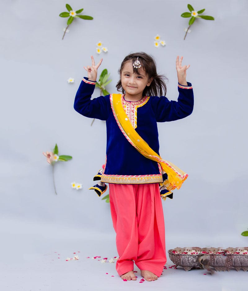 Fayon Kids Blue Velvet Coral Crape Salwar with Kurti Boti Net Dupatta for Girls