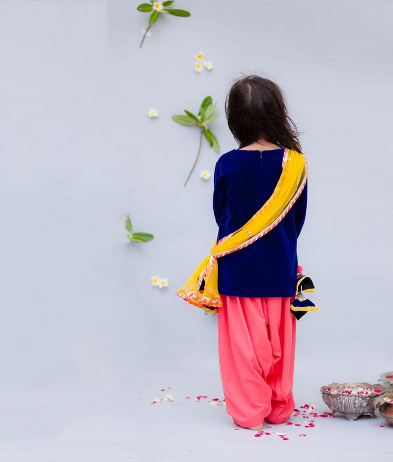 Fayon Kids Blue Velvet Coral Crape Salwar with Kurti Boti Net Dupatta for Girls