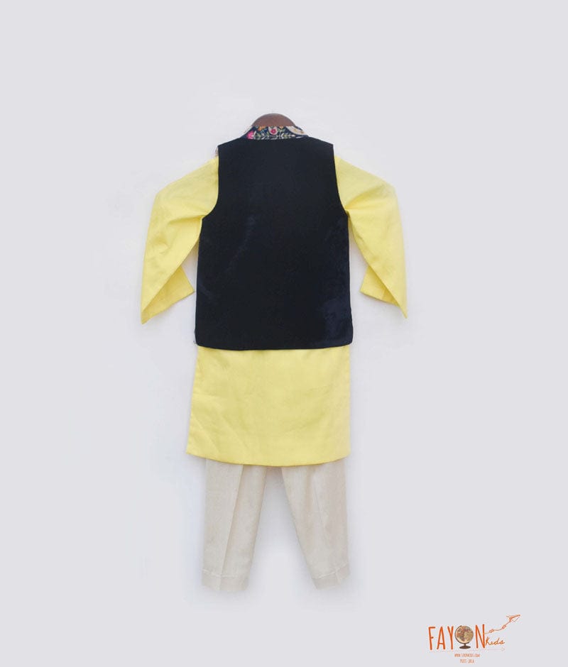 Fayon Kids Blue Velvet Embroidery Jacket with Yellow Kurta Pant for Boys