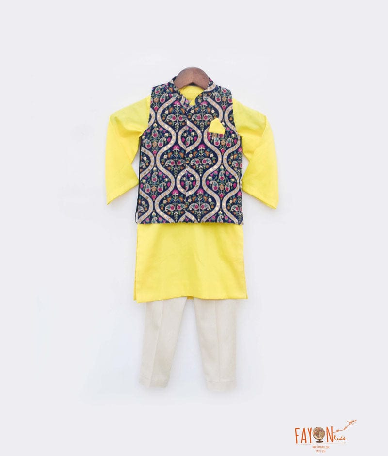Fayon Kids Blue Velvet Embroidery Jacket with Yellow Kurta Pant for Boys