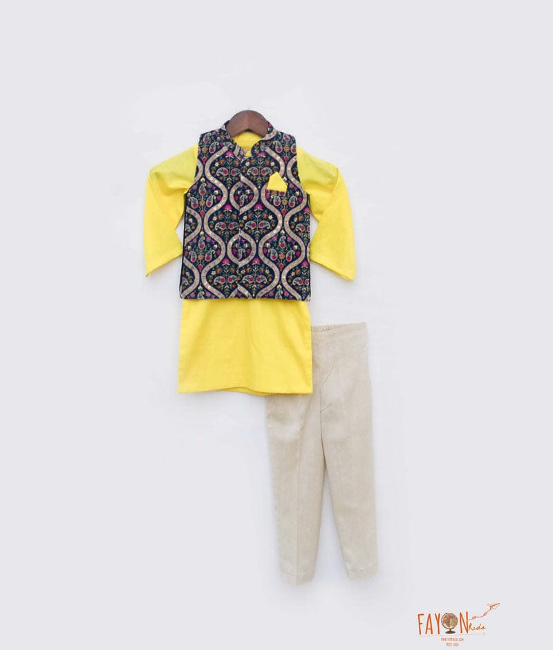 Fayon Kids Blue Velvet Embroidery Jacket with Yellow Kurta Pant for Boys