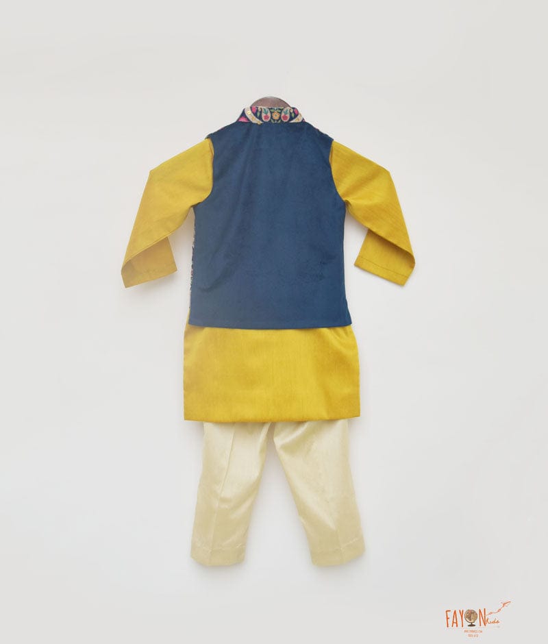 Fayon Kids Blue Velvet Embroidery Nehru Jacket with Kurta Pant for Boys