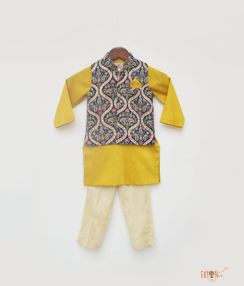 Fayon Kids Blue Velvet Embroidery Nehru Jacket with Kurta Pant for Boys