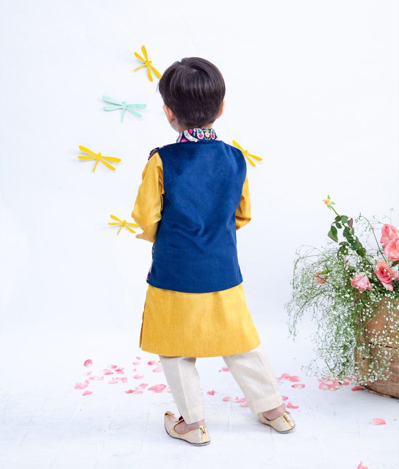 Fayon Kids Blue Velvet Embroidery Nehru Jacket with Kurta Pant for Boys