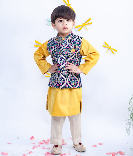 Blue Velvet Embroidery Nehru Jacket with Kurta Pant for Boys