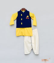 Blue Velvet Nehru Jacket with Yellow Kurta Dhoti for Boys