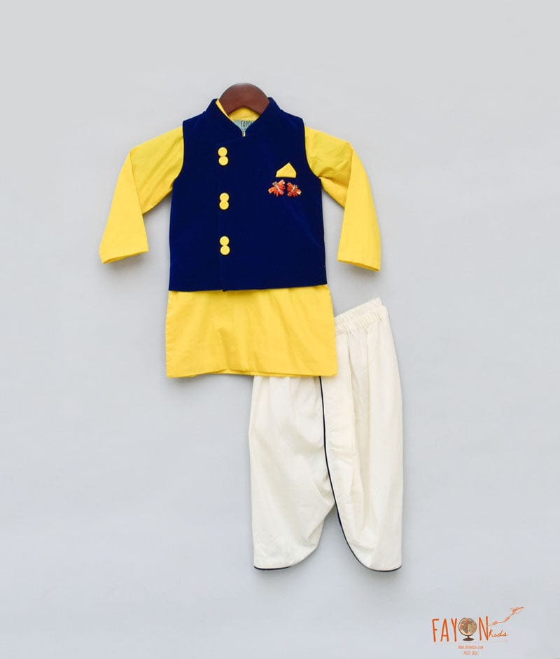 Blue Velvet Nehru Jacket with Yellow Kurta Dhoti for Boys