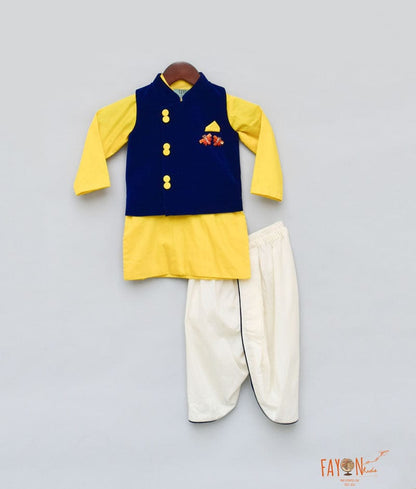 Blue Velvet Nehru Jacket with Yellow Kurta Dhoti for Boys