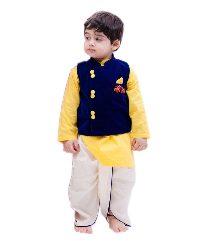 Fayon Kids Blue Velvet Nehru Jacket with Yellow Kurta Dhoti for Boys