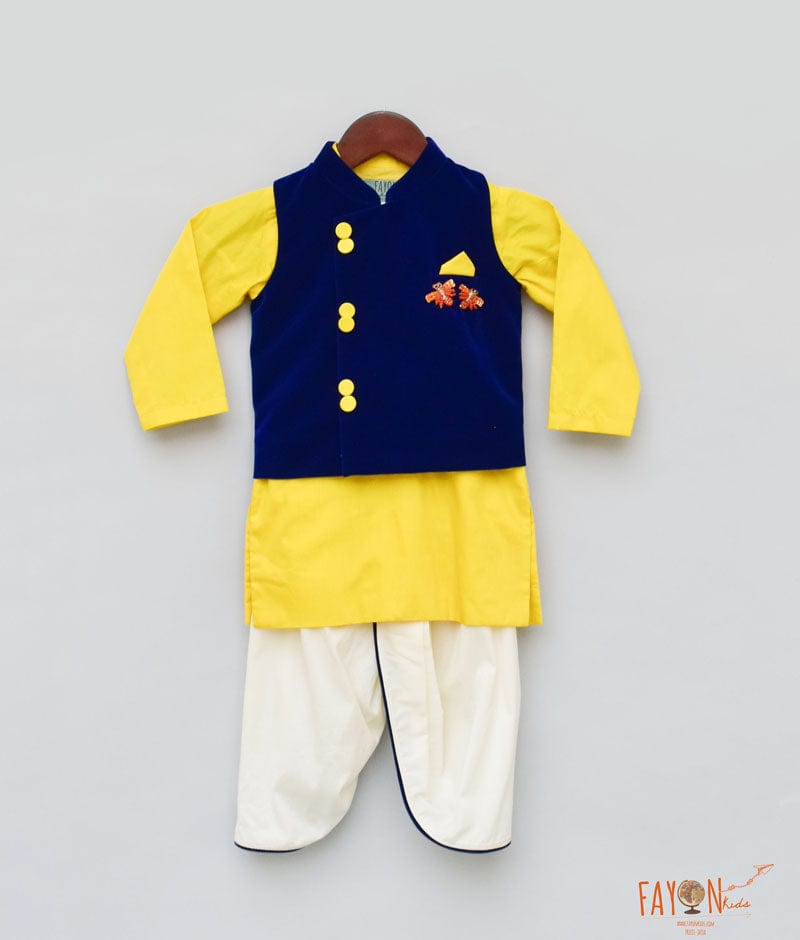 Blue Velvet Nehru Jacket with Yellow Kurta Dhoti for Boys