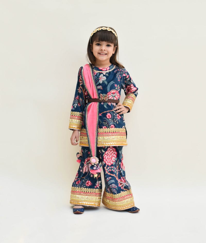 Fayon Kids Blue Velvet Printed Kurti with Sharara Pink Velvet Dupatta for Girls