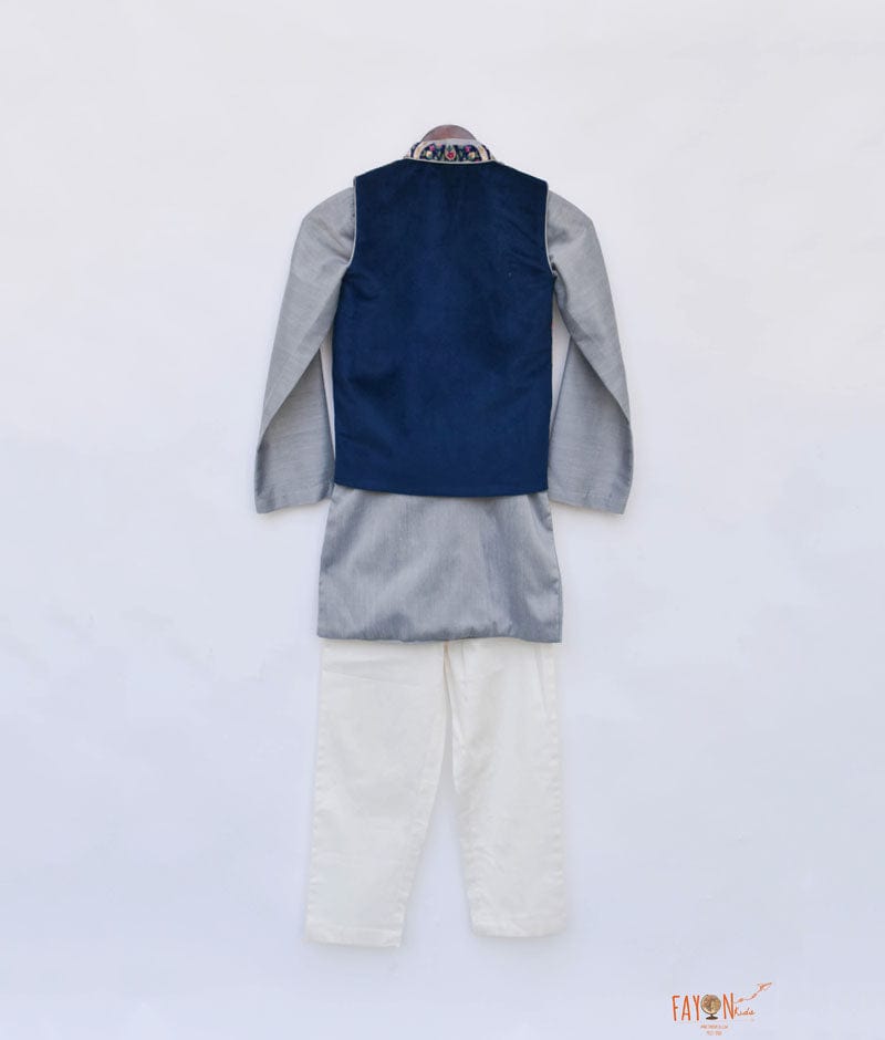 Blue Velvet Printed Nehru Jacket with Kurta Pant for Boys