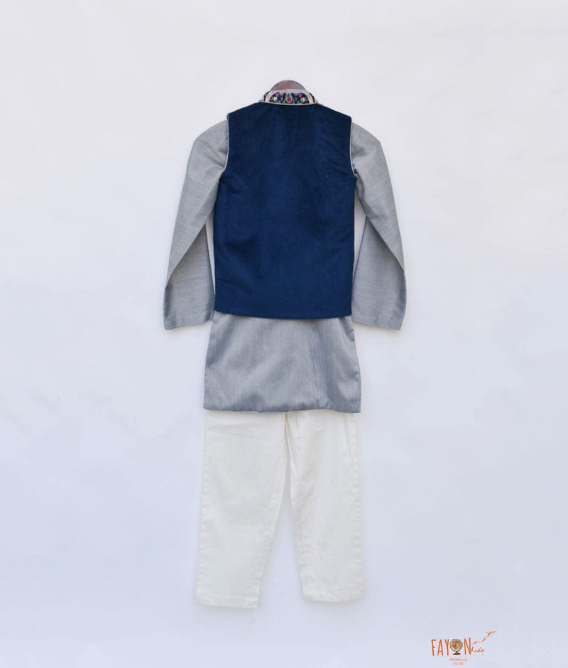 Fayon Kids Blue Velvet Printed Nehru Jacket with Kurta Pant for Boys